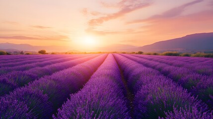 Purple lavender fields with green stems stretching under a vibrant sunset sky, featuring a horizontal rectangular color palette at the bottom.
