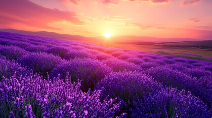 Purple lavender fields with green stems stretching under a vibrant sunset sky, featuring a horizontal rectangular color palette at the bottom.
