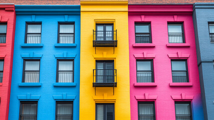 Fototapeta premium Vibrant multicolored building facade featuring blue, yellow, pink, and modern architectural design with structured windows and balconies.