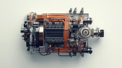 Minimalist technical drawing of an EV cooling pump, showcasing internal wiring on a clean white background, Created with Generative AI.