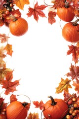 Autumn Leaves and Pumpkins on White Background