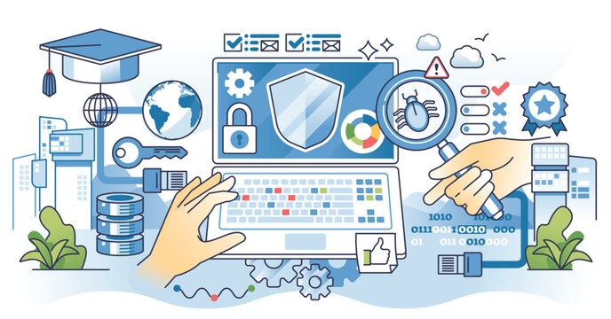 Illustration of cybersecurity internship with hands on laptop, magnifying glass, and shield, outline hands concept.
