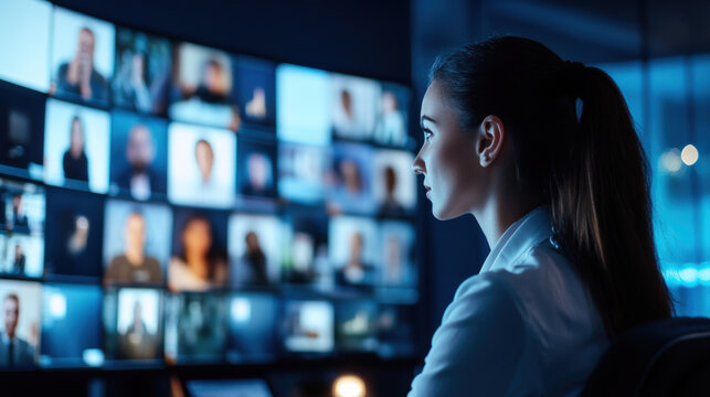woman is focused on multiple screens displaying video calls, showcasing importance of technology in communication. Her concentration highlights role of real time video connections in modern