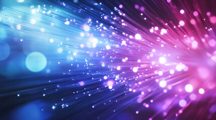 Naklejka premium Vibrant light beams and colorful bokeh create dynamic visual effect, representing beauty of fiber optics technology. This image captures essence of speed and security in data transmission