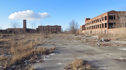 Abandoned Brick Buildings and a Crumbling Parking Lot
