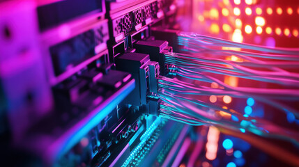 Fototapeta premium High definition video streaming relies on stable connections and advanced technology. This image showcases vibrant server components with colorful cables, emphasizing importance of connectivity in