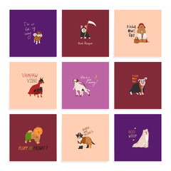 Big set of Happy Halloween vector illustrations. Funny dogs in cute Halloween costume. Hand drawn funny lettering. Ideal for holiday cards, decorations, invitations and stickers