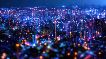 vibrant cityscape illuminated by colorful lights showcases essence of modern urban life. intricate network of glowing structures reflects advancement of technology and connectivity