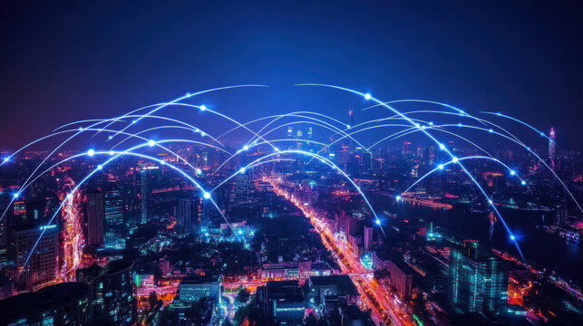 image showcases vibrant cityscape illuminated at night, with dynamic lines representing connectivity and data flow, symbolizing integration of technology in modern urban environments