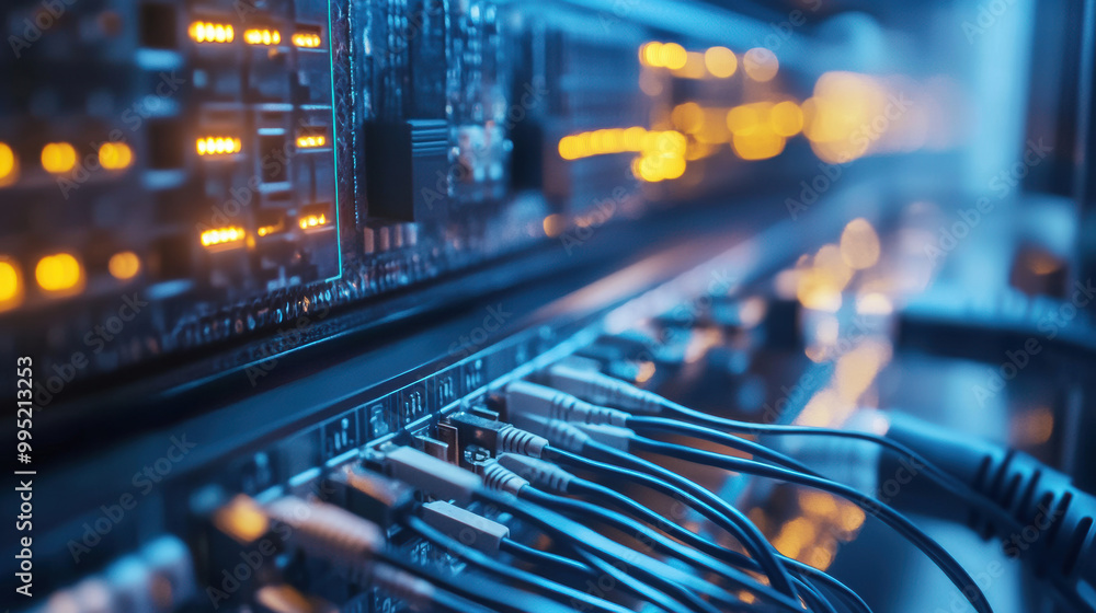 Poster high tech server equipment with illuminated connections and cables, showcasing intricate design of m