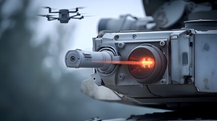 Close up view of a powerful anti drone laser system mounted on top of a military tank