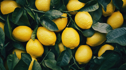 Fresh, vibrant lemons surrounded by lush green leaves create lively and refreshing scene, perfect for evoking feelings of summer and zest