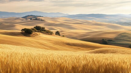 Obraz premium A panoramic view of rolling hills covered in golden wheat