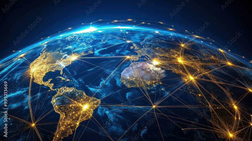 Poster image depicts global view of earth with illuminated connections representing telecommunications and 