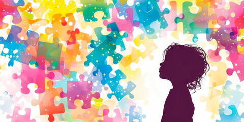 Silhouette of a child against a vibrant puzzle background, symbolizing the complexities of child psychology and development