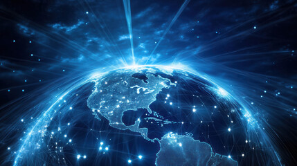 stunning digital representation of Earth showcasing network of connections and data flow, symbolizing global communication and technology. vibrant blue tones and radiant light effects create sense of