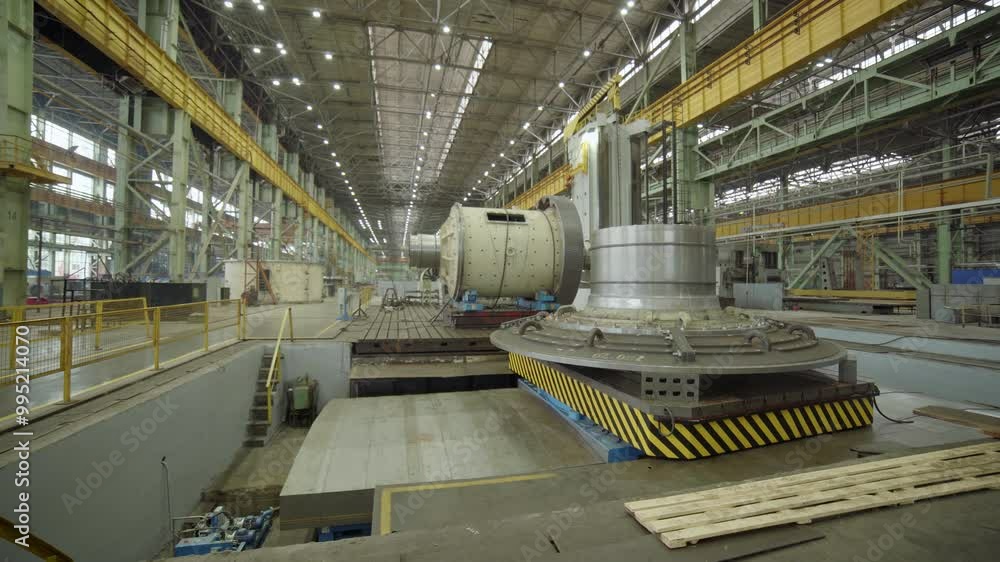 Poster the industrial machinery prominently displayed in an exceptionally spacious factory setting. stock c