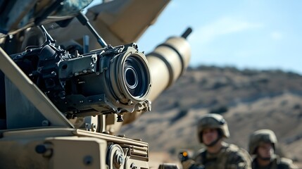 Close up view of soldiers reloading the anti drone artillery system mounted on a military tank preparing for an imminent drone attack during a combat