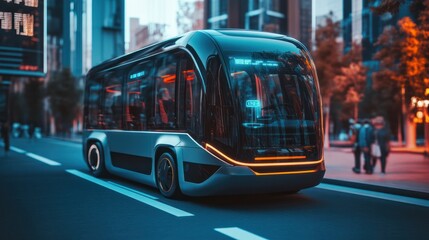 Obraz premium Self driving bus. Autonomous bus driving in city. Future Electric passenger buse. Self-driving passenger electric bus. Public electric E-bus. Driverless bus line with 5g autonomous driving buses.