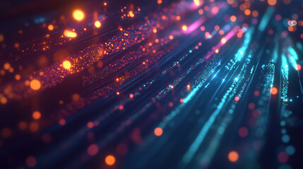 Fototapeta premium Vibrant light trails create mesmerizing visual effect, showcasing blend of blue and orange hues. This dynamic scene captures essence of energy and movement in digital landscape