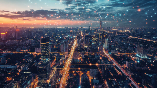 vibrant city skyline showcases stunning view of urban life illuminated by city lights, with digital overlay representing expansion of fiber optic networks