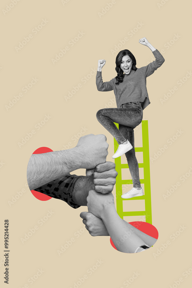 Poster composite trend artwork sketch image photo collage of lady climb ladder problem solving attention th