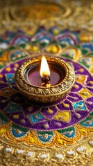 Low angle view, an ornate brass diya surrounded by intricate rangoli designs of vibrant purple, yellow, and turquoise colors, set against a gold surface, copy space, happy Diwali background