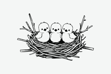 vector illustration shows three baby birds sitting in a nest 