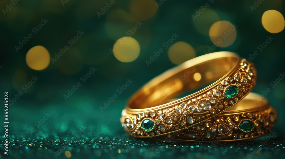 Aufkleber ornate bangle set with embedded gems, resting on a dark emerald green backdrop with bokeh accents, c