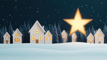 Naklejka premium Christmas star shining over a quiet snow-covered village, peaceful winter night, 3D illustration