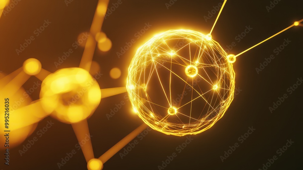 Poster the yellow bright sphere shape object that has been connected with the link of the bright line that 