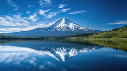 A peaceful scene of a snow-capped mountain reflected in a calm lake
