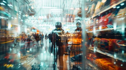 Blurred Motion of Shoppers in a Modern Mall with Bright Lights and Reflections