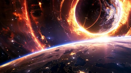 Obraz premium Space showcasing captivating cosmic nebula and dark energy interacting with galactic elements