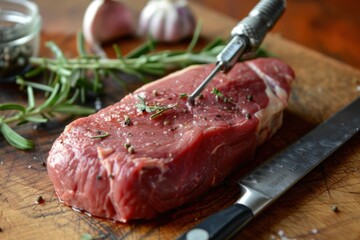 Fototapeta premium Piece of rump steak on a cutting board, with a meat thermometer inserted
