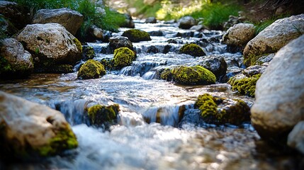 A close-up view of a clear, flowing stream with mossy rocks.