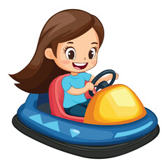 Fototapeta premium A cute cartoon girl driving an amusement park bumper car