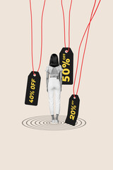 Vertical photo collage of anonym girl stand back shopaholic hypnosis addiction string tag price...
