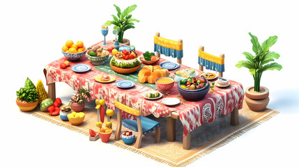 3D Colorful Table Settings Element: Cartoon Style Yalda Feast with Traditional Foods in a Festive Atmosphere - Isolated Vector Graphic