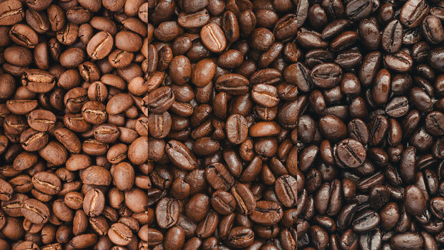 Roasted Arabica coffee beans background,Mixed roast coffee, light, medium, dark