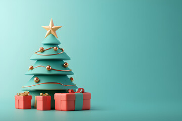 Fototapeta premium Festive Christmas tree with gifts 3d icon