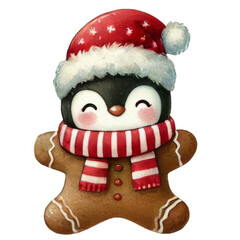 Penguin wearing Santa hat and striped scarf inside a gingerbread man suit. Watercolor sticker isolated on transparent background.