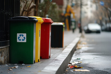Row of colorful recycling bins for environmental sustainability and waste management, placed neatly on an urban street, ready for waste separation