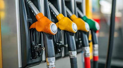 Close-up of Colorful Fuel Pump Nozzles at a Gas Station