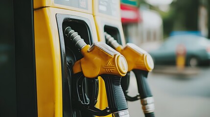 Yellow Gas Pump Nozzles at a Gas Station