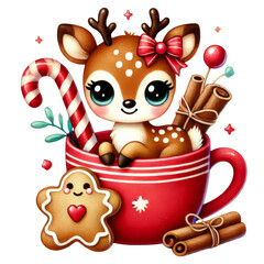 Baby deer with antlers sitting in a red mug. Watercolor illustration isolated on transparent background.