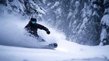 Austrian Snowboarder Carving Through Fresh Powder in Dense Forest - Exhilarating Winter Scene Adventure