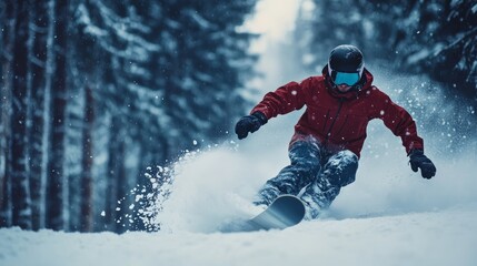 Austrian Snowboarder Carving Through Fresh Powder in Enchanting Winter Forest Scene