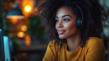  Happy african American woman working remotely on a virtual video team meeting call, remote work and flexible culture concept. Inclusive and diverse workplace. DEI remote working. 
