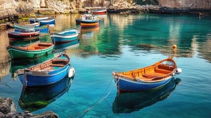 A quiet bay with colorful fishing boats bobbing in the water